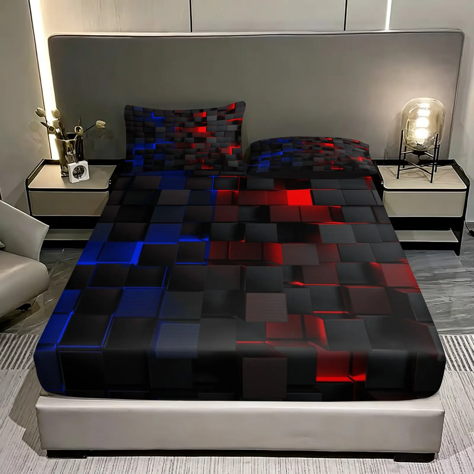 Plaid Bedding Set (1 Fitted Sheet + 2 Pillowcases), Bed Sheets, High-Quality Polyester Fiber, Digital Print, All-Season Use, Bedding Supplies