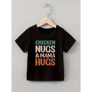 Cotton Knitted Fabric |   Teen Cotton Crew Neck T-shirt, "Chicken Nugs& Mama Hugs" Letter Print, Casual Short Sleeve Pullover, Comfortable Fit for All Seasons, Regular Length-70gsm Knitted Fabric, Cotton Yarn
