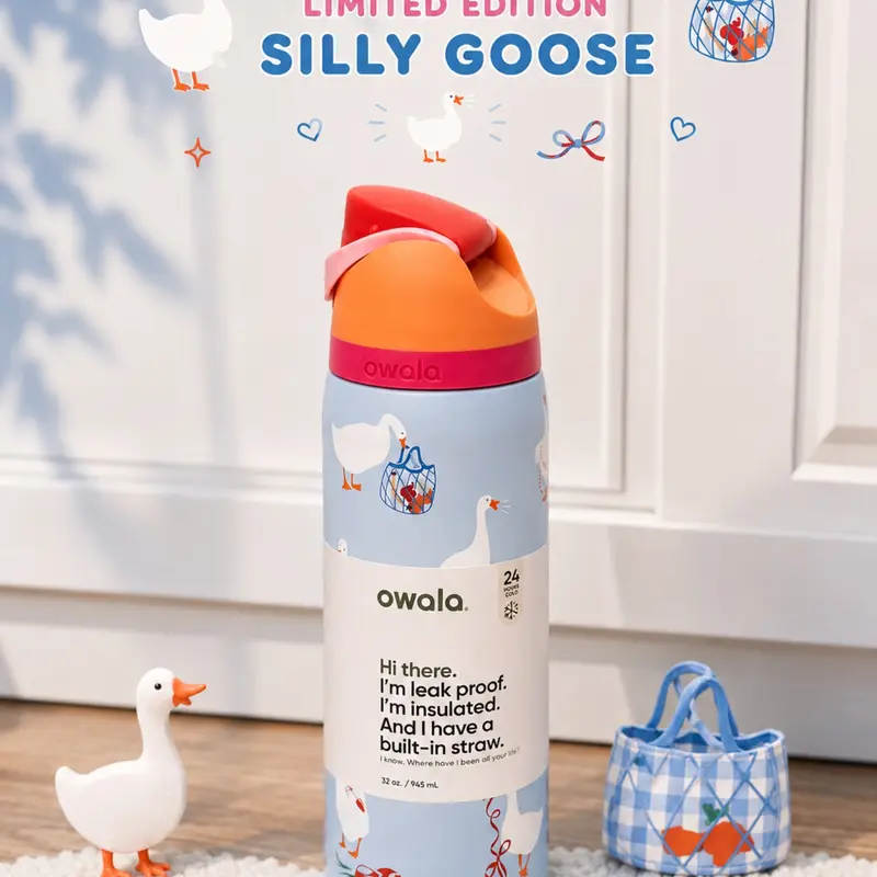 ow-003Owala FreeSip 32oz Silly Goose Insulated Water Bottle, Cute Goose Print Stainless Steel Bottle with Straw and Leakproof Lid