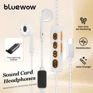 【Exclusive release】BlueWow H8 Sound Card Karaoke Headset with in-Ear Monitoring, Voice Changer, Reverberation, Built-in Sound Card, Karaoke Microphone, Portable Karaoke Headphones, Type C HiFi Wired Earbuds for Musician, Compatible with Apple and Android