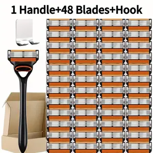 1 Handle+48 Blades, Manual Shaver, Men's 6-layer Manual Shaving Set, Anti Slip Handle, Stainless Steel Blades with Skin Protection System, Smooth, Comfortable & Easy To Clean Shaving, Comes with A Stainless Steel Hook As A Gift