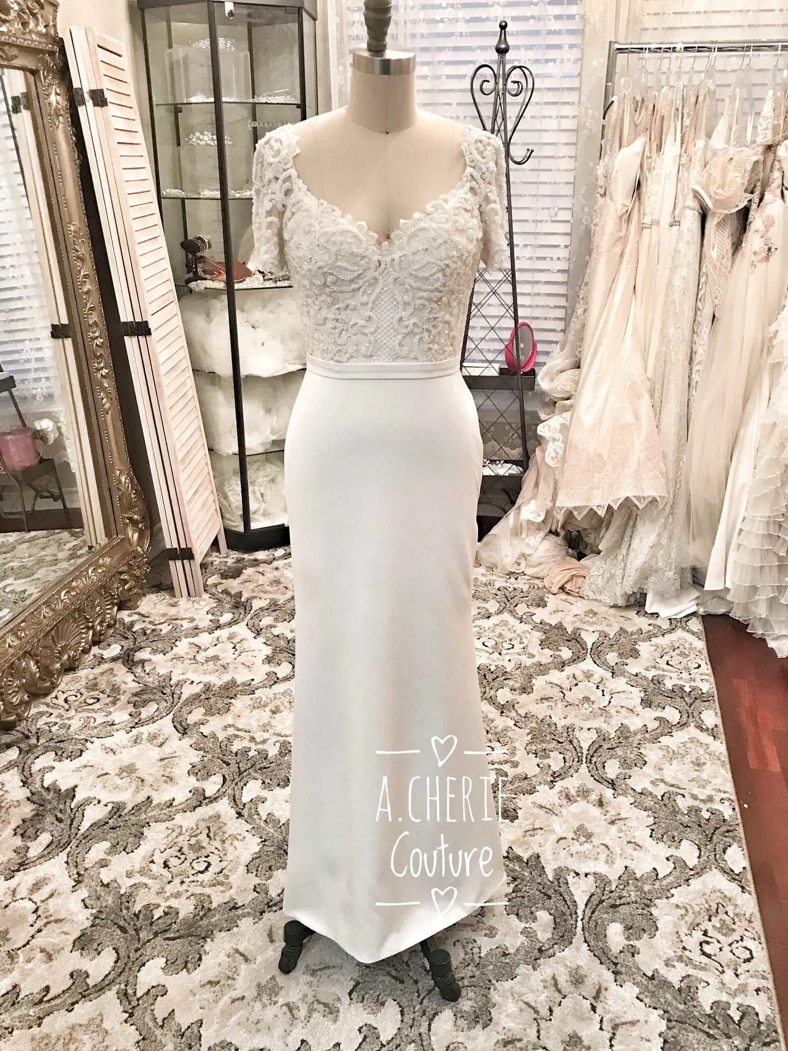 Sheath Crepe and Lace Wedding Dress with Heavily Beaded Bodice and Short Sleeves - Women's Made to Order Bridal Outfit