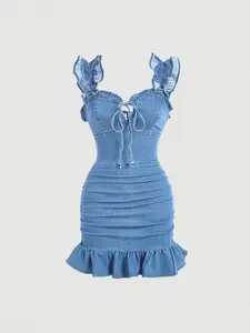 Women's Ruched Ruffle Hem Tie Front Denim Dress, Fashion Casual Cute Fit Sleeveless Short Dress for Daily Outdoor Wear, Ladies Clothes for Summer, Womenswear