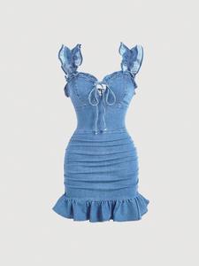 Women's Ruched Ruffle Hem Tie Front Denim Dress, Fashion Casual Sleeveless Short Dress for Daily Outdoor Wear, Ladies Clothes for Summer