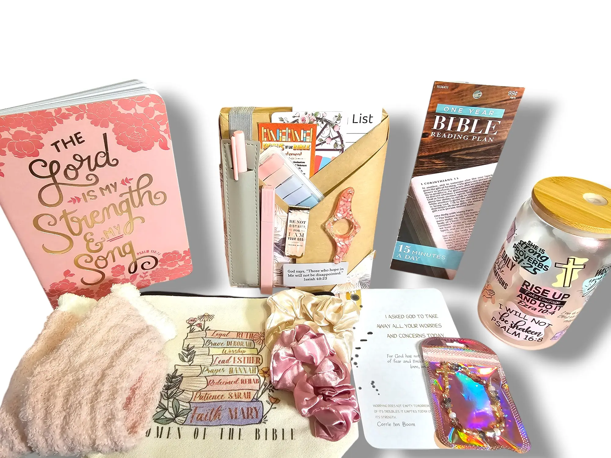 Christian Faith Devotional Book Blind Date Themed Gift Box - Office Stationery Bundle with 1-Year Bible Reading Plan, Devotion Tools, Bracelet, Cozy Socks, Straw Glass Cup, Sticker Set, Book Accessories for Religious Office Needs, Religious Party Favors