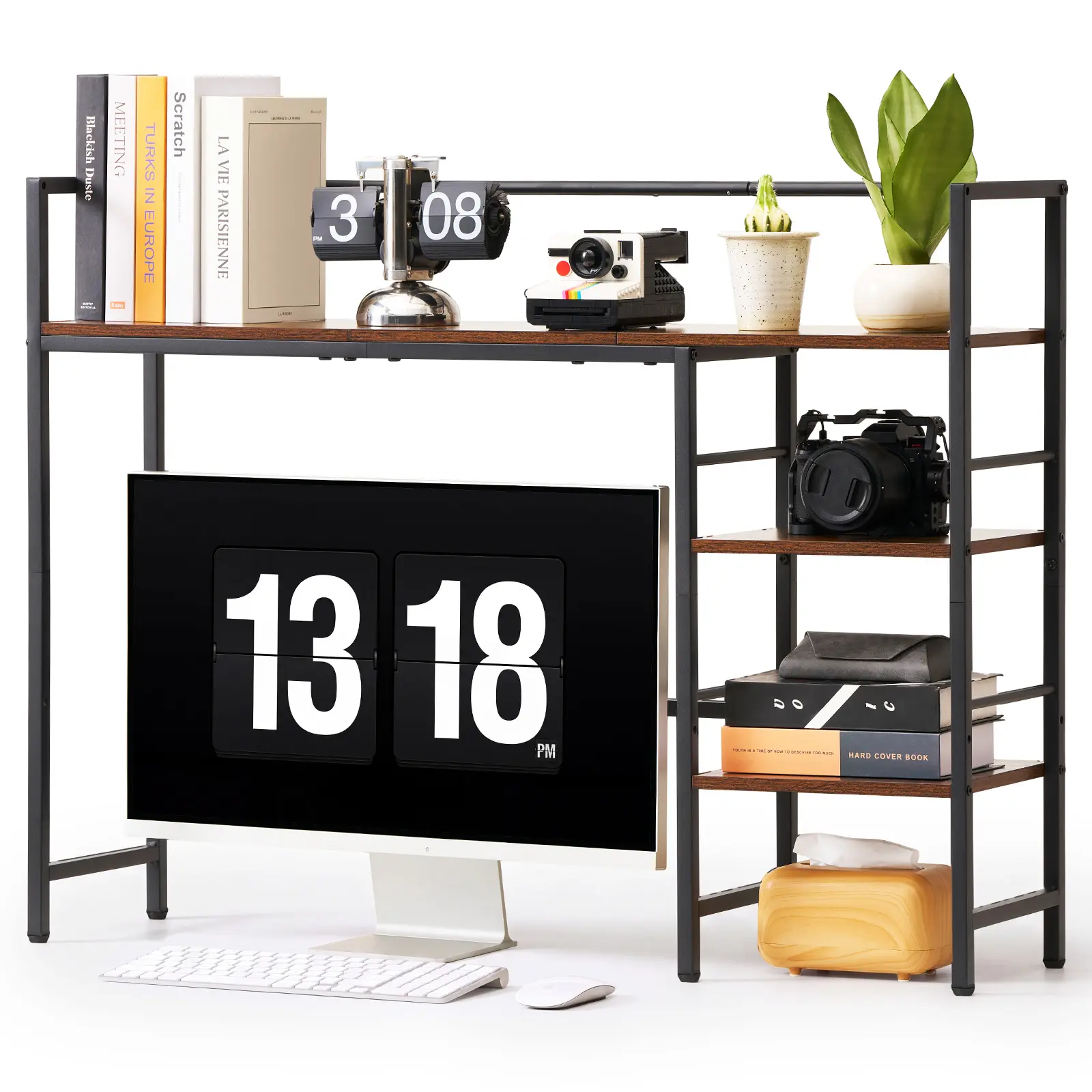 【summerfinds】VEVOR Desktop Bookshelf 4-Tier Countertop Storage Hutch for Computer Desk, Metal Frame and Wooden Shelf, with Non-Slip Feet Pads, Multipurpose Desk Hutch Storage Organizer for Dorm, Home, and Office
