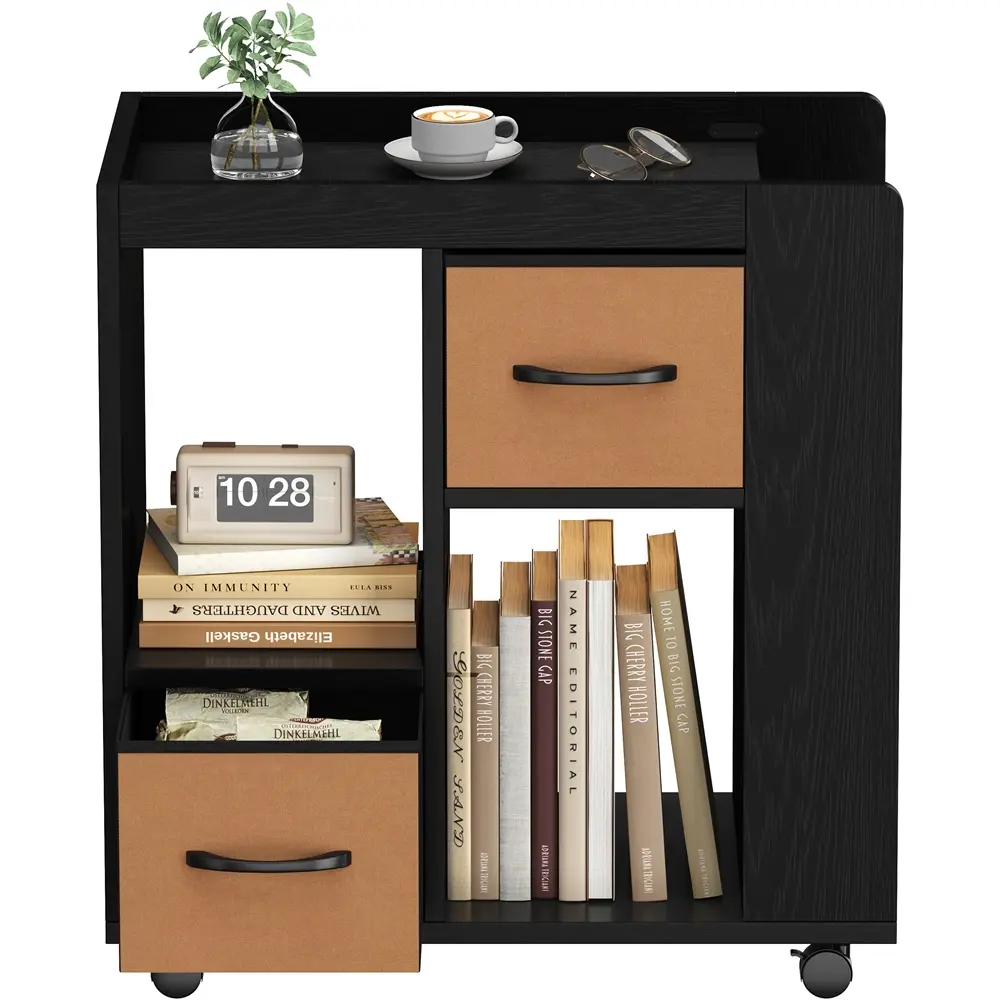 Costoffs Modern Wheeled Rolling Accent Table - Multi-Function Portable Rectangle Collapsible End Table, 2 Foldable Fabric Drawers, Magazine Racks, Open Cubbies, Storage Solution for Living Room, Bedroom, Wheeled Bedside Table, Multi-Function End Tables