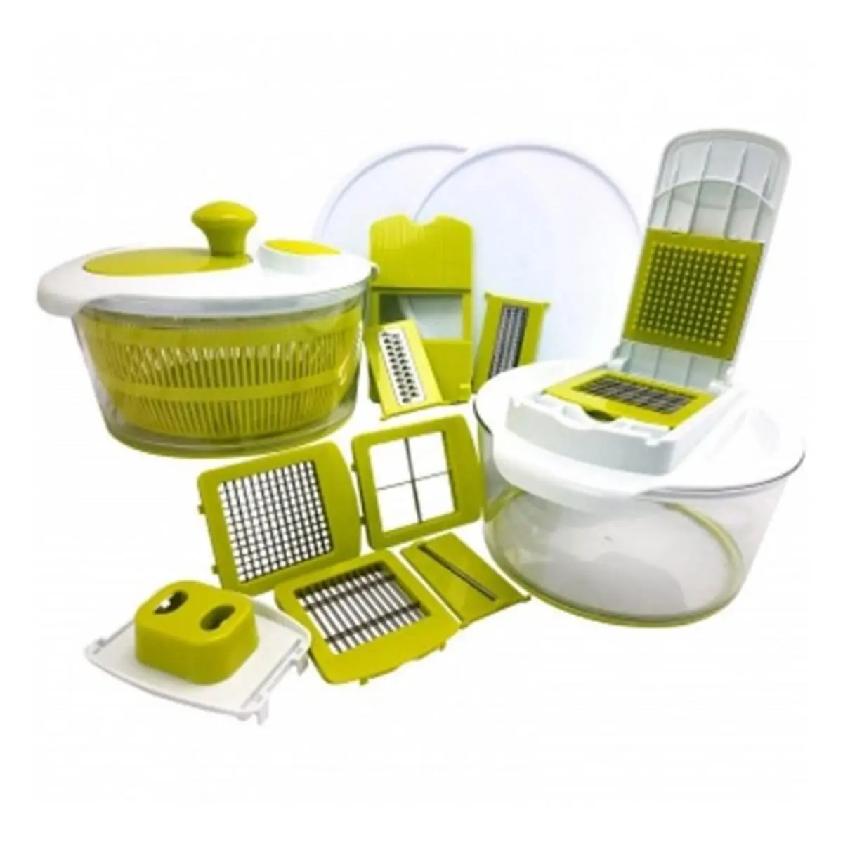 MEGACHEF 212 MAIN 10-in-1 Functional Kitchen Utensil Salad Spinner & Vegetable Cutting Slicer-Dicer with Interchangeable Blade, Easy Grip Hand Guard, Multiple Parts, Handy Lid Cleaner, Basket (Model MG-SALAD-SPINNER-MULTI-SLICER-DICER)