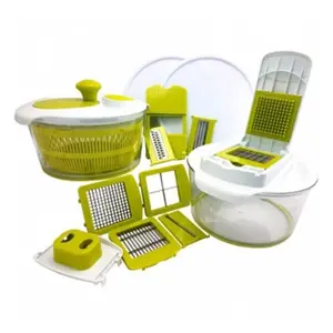 212 MAIN 10-in-1 Multi-Use Salad Spinner, Vegetable Cutting Slicer-Dicer with Interchangeable Blade, Basket, Lid, Kitchen Utensils for Fruit Meal Prep (MG-SALAD-SPINNER-MULTI-SLICER-DICER Model)