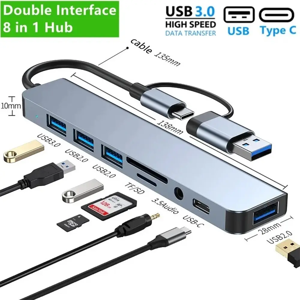 8-In-1 USB C Hub 3.0 High-Speed Expander with 4 USBPorts, SD/TF Card Reader & 3.5mm Audio, For MacBookPro iPad HP Laptop USB Extension