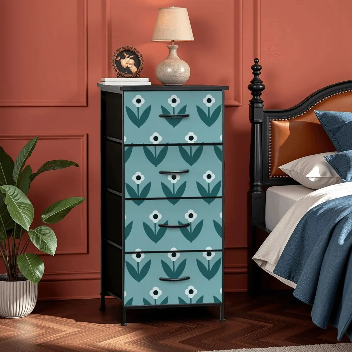 Scandinavian Teal Floral Mid Century Modern 4-Drawer Dresser