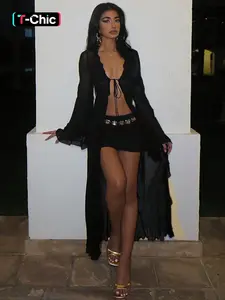 Women's Solid Sheer Ruffle Trim Tie Front Long Lightweight Mesh Cardigan Coat, Long Sleeve Open Front Outerwear for Spring & Fall, Ladies Clothes for Party Holiday, Chic, Womenswear