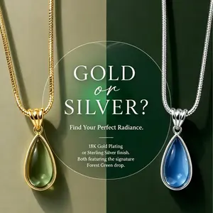 18K Gold Plated Drop Necklace, Forest Green & Ocean Blue Gemstone Pendant Snake Chain for Women, Y2K Aesthetic Jewelry    Green & Blue Drop Necklace | Gold/Silver Plated Snake Chain  Aesthetic Teardrop Gemstone Necklace for Women