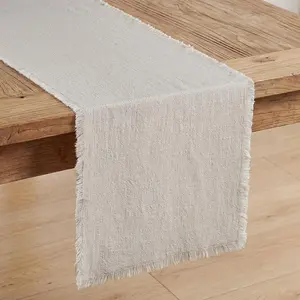 KINGSTONE 14 x 108 Inches Frayed Edge Table Runner, 270G Heavyweight Sand Washed Slub Texture Cotton Linen for Modern Farmhouse, Rustic Home Decorations Dining Room Wedding Boho Decor, Natural