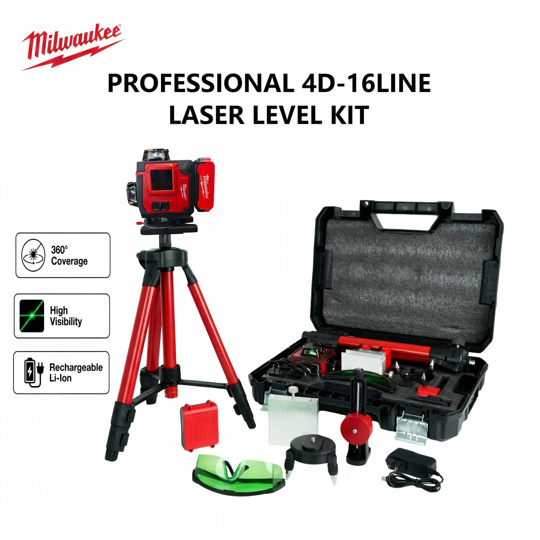 Milwaukee 4D 16-Line Green Laser Combo Kit - High Bright Green Light, Auto Leveling, IP54 Rated, 6000mAh Rechargeable, Wall/Floor Tripod Mount Compatible, Portable Laser Level for Ceiling Installation, Tile Paving