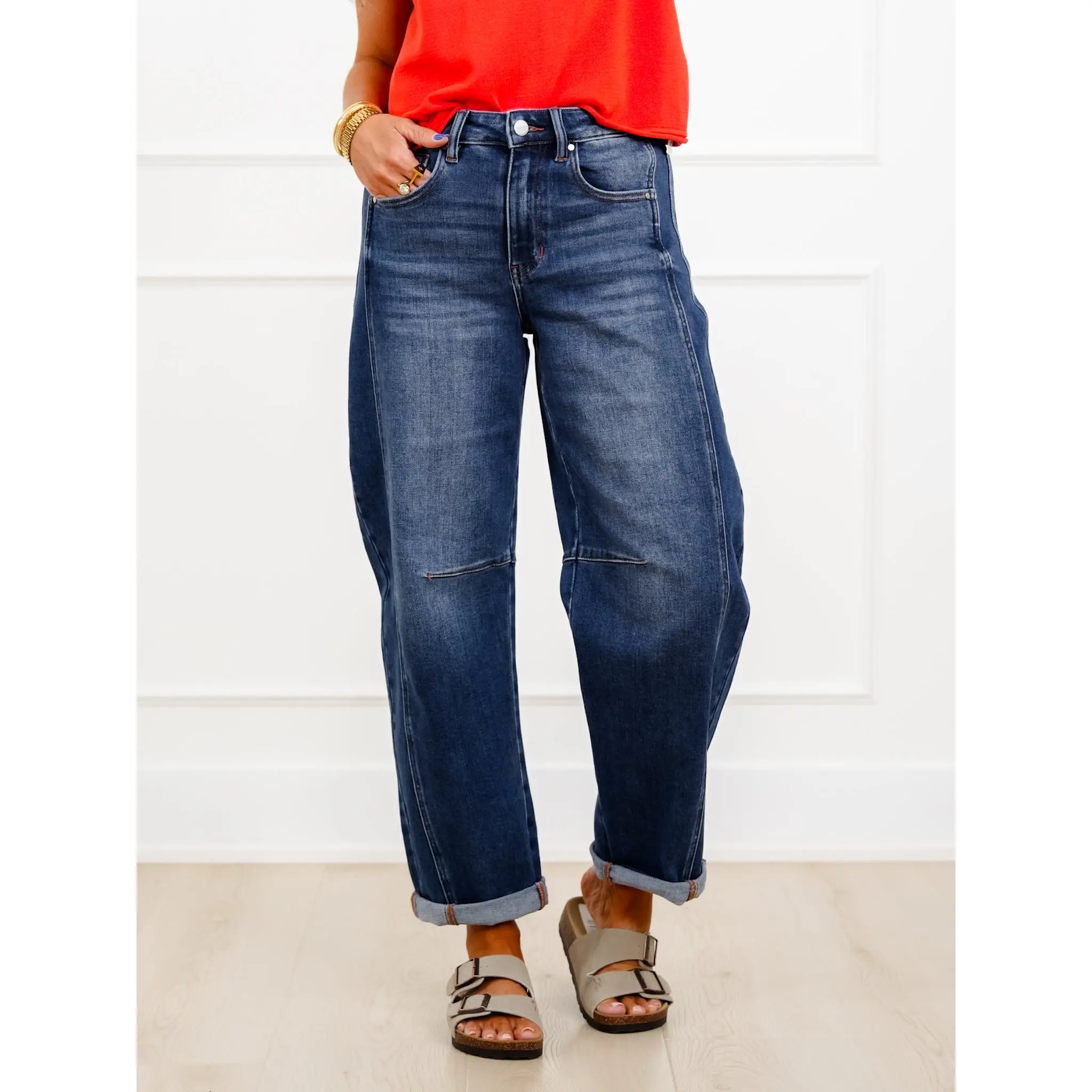 Restock! Risen High Rise Dark Wash Boyfriend Cuffed Barrel Jeans