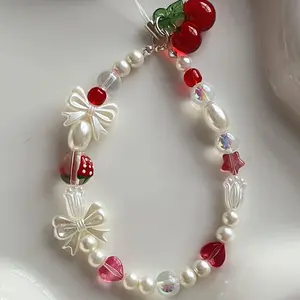 Butterfly Cherry Phone Chain, Cell Phone Charm, Original Handmade Beaded Lanyard, Creative Ccd Camera Strap, Anti-Drop Wristlet, Fashionable Women's Accessory