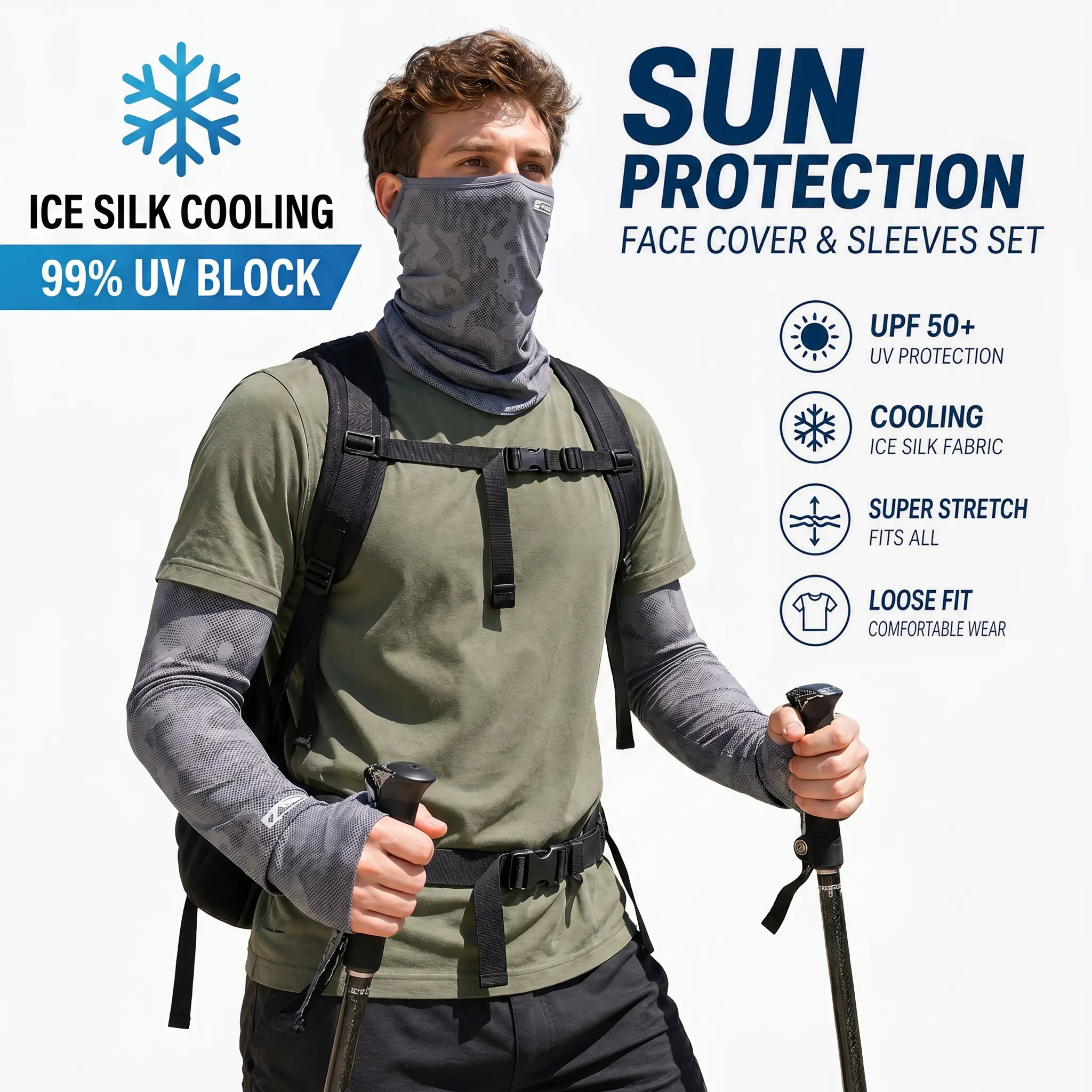 Camouflage Sun Protection Mask and Ice Sleeves Set Comfortable Breathable UV Protection 99% Unisex Summer Outdoor Sunshade Large Size Loose Fit Ideal for Fishing Hiking Activities