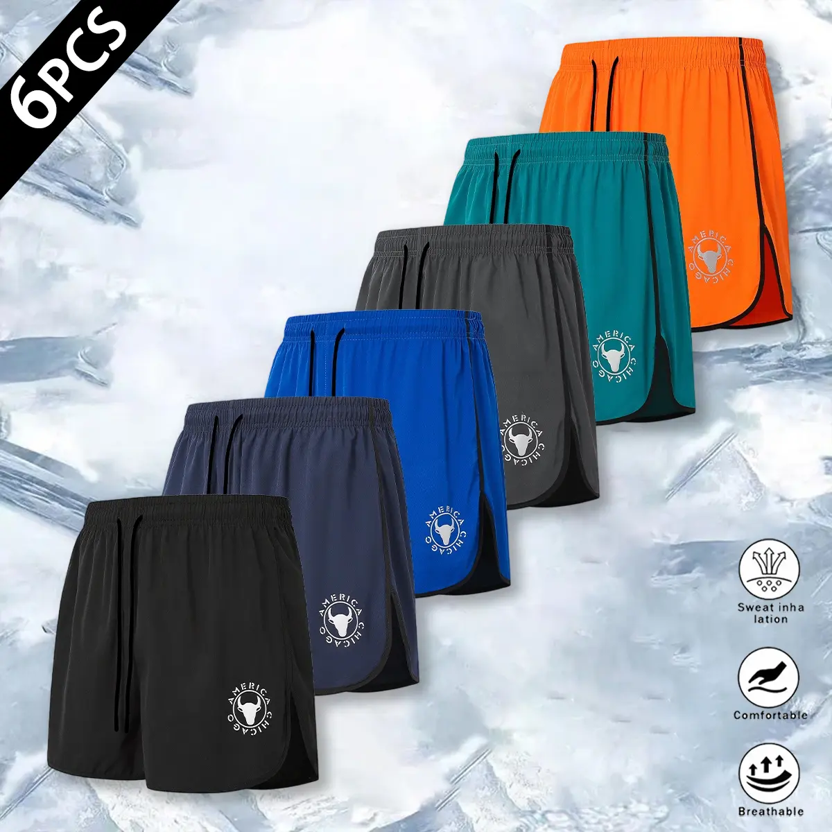 Men's 6-Piece Set Elastic Waist Color-Mixed Shorts, Plus Size Sports Casual Bottoms,  Suitable for Running & Fitness, Color-Mixed Men's Shorts, Set Men's Shorts