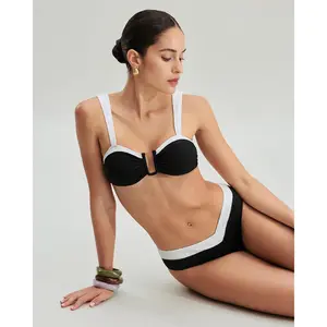 rihoas Women's 2-Piece Polyester Colorblock Bikini Set - Swimsuit Bikini with U-Neck Triangle Top, Drawstring Waist, Removable Cups