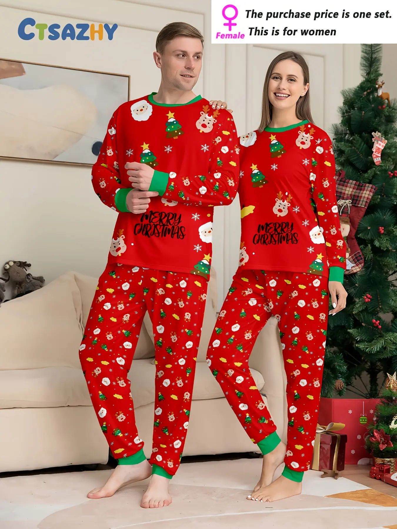 Couple Christmas long-sleeved trousers loungewear pajamas set, Santa Claus Christmas tree, Christmas elk snowflake combination printing elements, crew neck design, men's or women's, single set