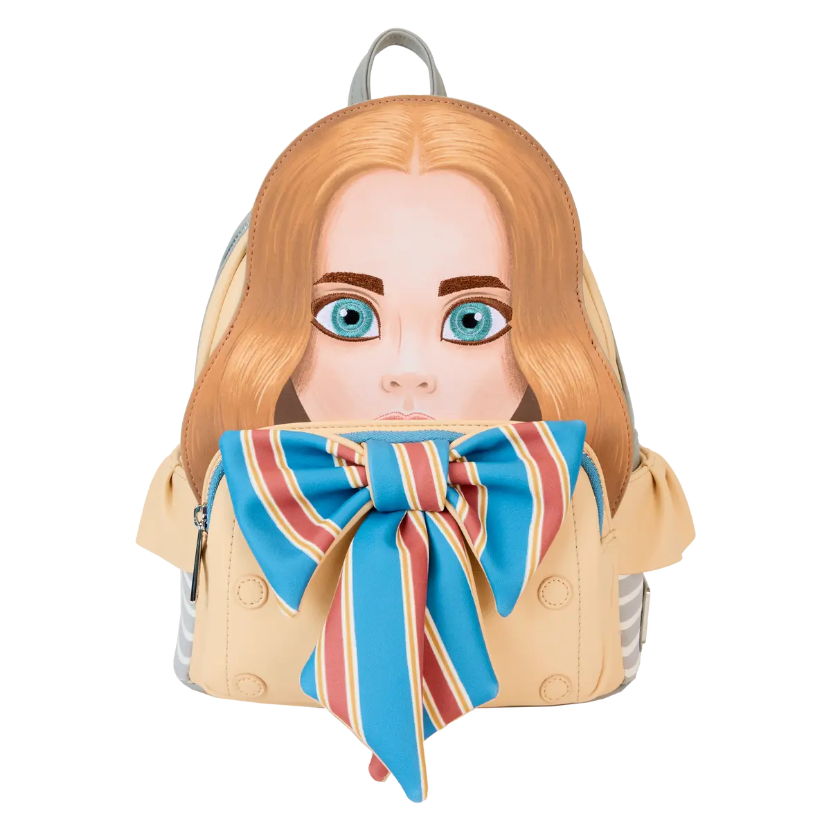 M3GAN Character Fashion Backpack, Cute Figural Vegan Leather Cosplay Purse with Embroidered Face and Striped Bow, Cute Backpacks, Backpack Purses