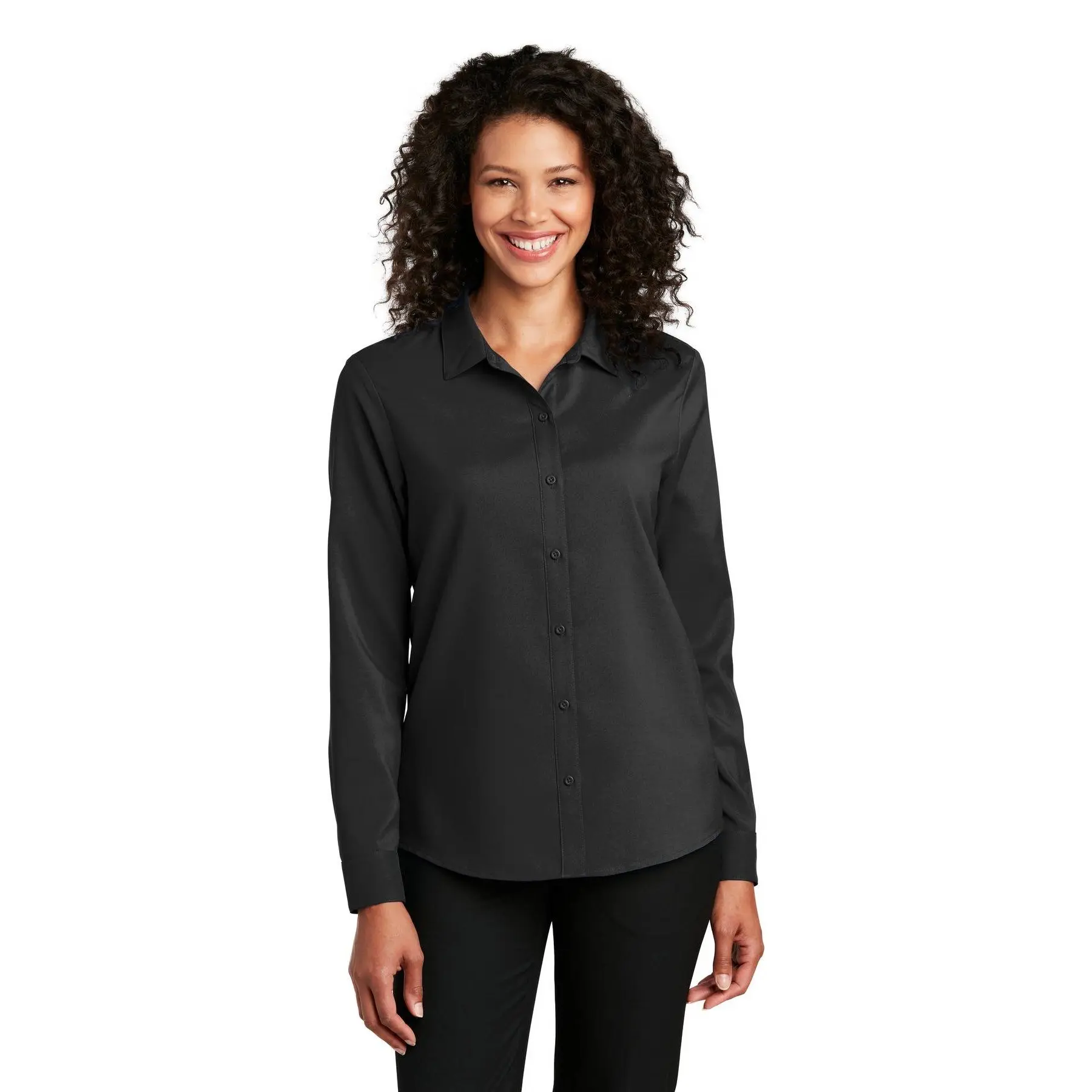 Women's Fitted Solid Plain Button-Down Collared Long Sleeve Adjustable Fabric Back Pleat Polyester Performance Staff Shirt - LW401 - Moisture-Wicking, Easy-Care Professional Workwear Uniform Clothes