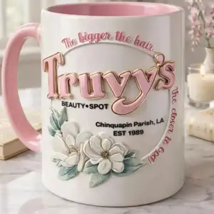 Truvy’s Beauty Spot Mug – Vintage Hair Salon Coffee Cup, Southern Style Pink Aesthetic 3D Floral Mug, Hairstylist Gift for Women