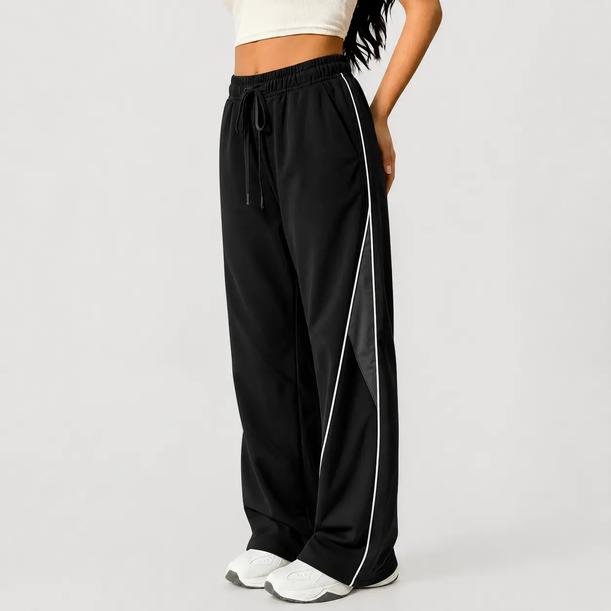 Retro Striped Joggers for Women, Baggy Athletic Workout Pants in Lightweight Polyester with a Drawstring, S