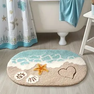 Elegant Oval Plush Bath Mat, Soft Bathroom Mat, Non-Slip Water Absorbent Rug, Starfish Beach Design, Home Bathroom Decor, Spring Seasonal Decoration, Bathroom Floor Mat, Bathroom Decorative Mat, Soft Highly Absorbent