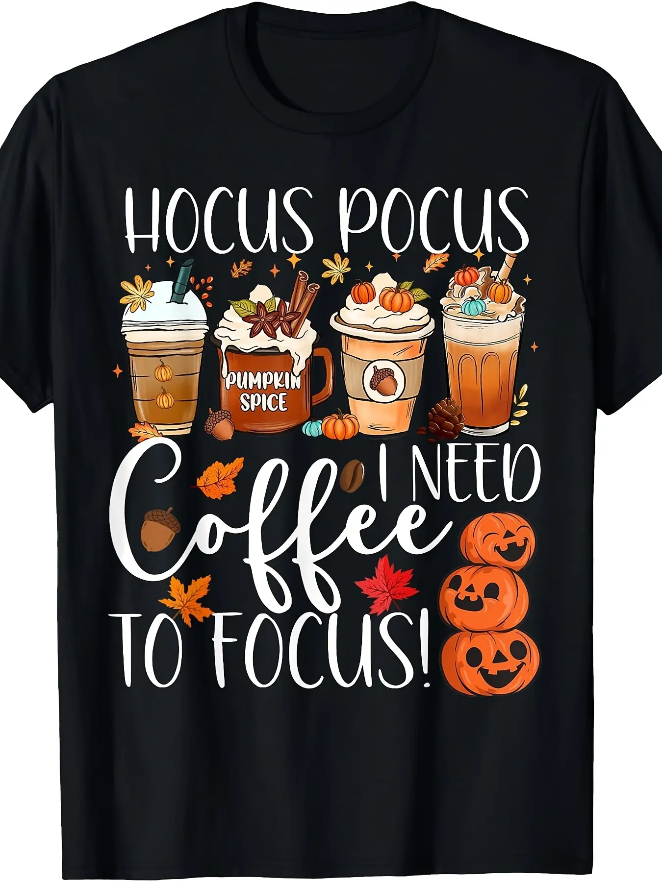 Men's Novelty Casual Fit Stylish Cotton T-Shirt - Unisex Crew Neck, Breathable Short-Sleeve, Hocus Pocus Quote, Pumpkin Spice Latte Design, Fall Teacher Halloween, Leaf Print, Soft Lightweight Relaxed Menswear Top