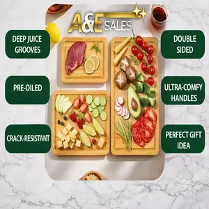 A&E Sales Bamboo Cutting Board Set for Kitchen Food Prep, Double-Sided Chopping Boards with Juice Grooves & Built-In Handles