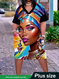 【Plus Size】 All Over Print V Neck Dress, Casual Boho Bohemian Short Sleeve Dress for Daily Wear, Women Plus Clothing for All Seasons
