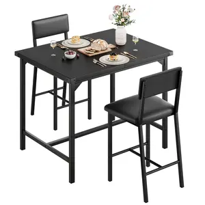 Rustic Black 3-Piece Dining Set for Small Spaces – Counter Height Table with Footrest & Protective Corners – 2 Comfortable Upholstered Stools with Backrest – Perfect for Small Kitchens, Breakfast Nooks, Apartments, or Cozy Dining Rooms