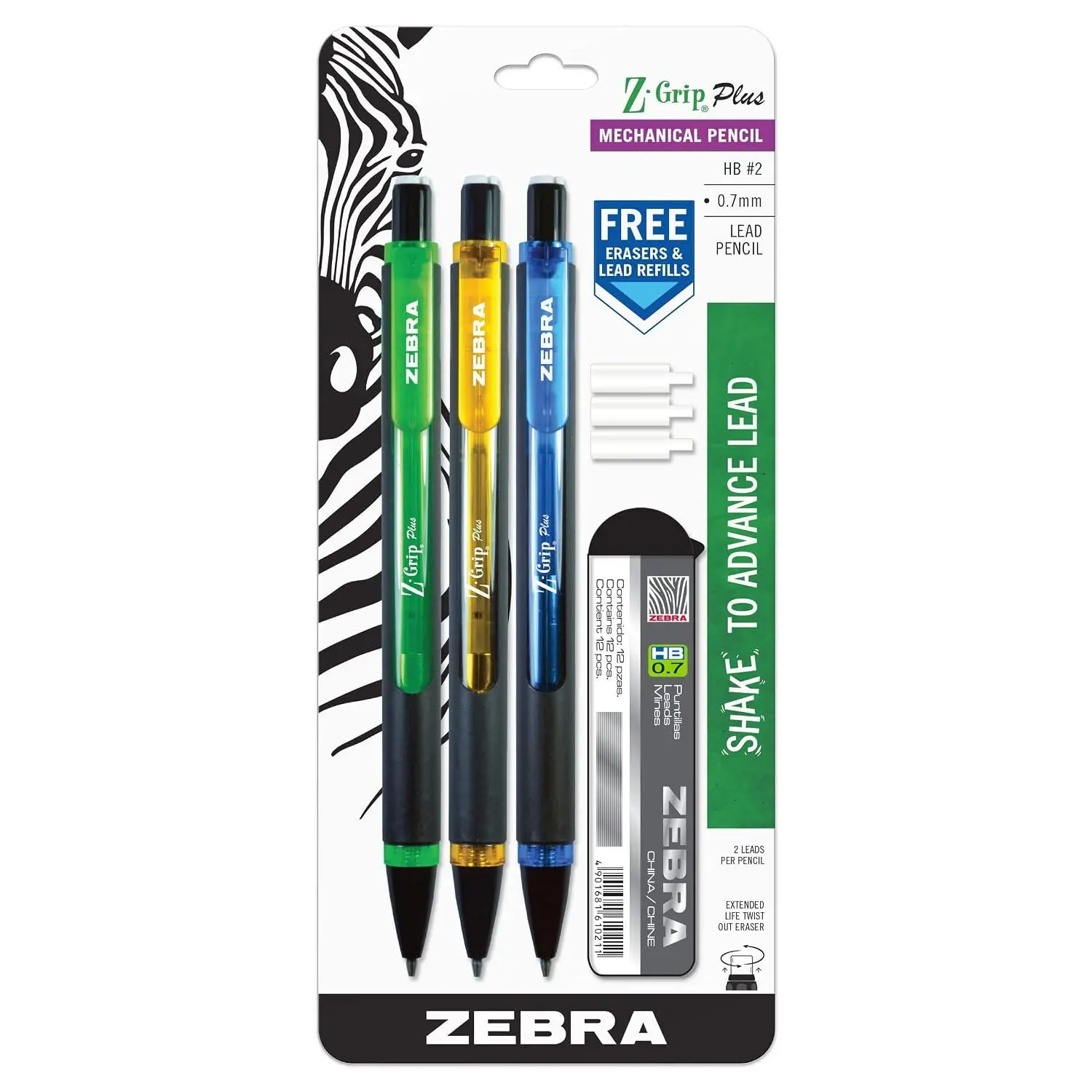 Zebra Pen Z-Grip Plus Mechanical Pencil, 0.7mm #2, Assorted Barrels, 3-Pk