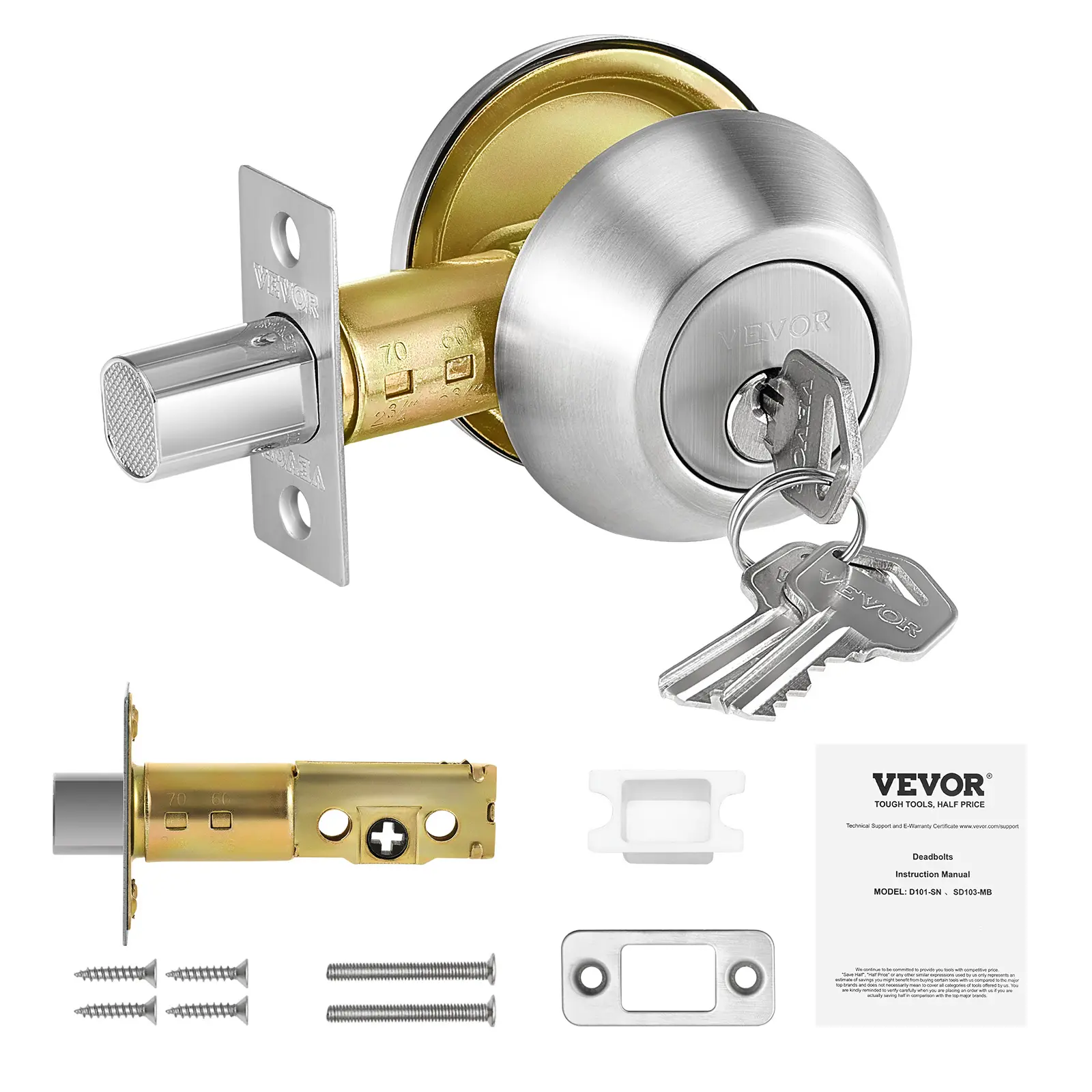 【summerfinds】VEVOR Heavy Duty Single Cylinder Round Deadbolt Lock, Keyed 1 Side, Full Metal, 3 Keys, Satin Nickel, Fits Standard Interior/Exterior Doors, Residential Front Entry Security Lock with Hardware & Screws