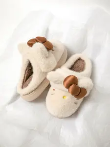 Women's Cartoon Bow Winter Indoor Slippers, Fuzzy Warm Slippers, Fuzzy House Slippers, Warm Comfortable Durable Textile Shoes, Fall & Winter Bedroom Footwear