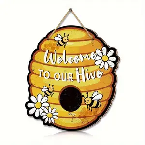 Rustic Bee Theme Welcome Sign, Wood Sign, Wooden Sign, Charming Summer Door Decor with Honeycomb and Floral Design, Perfect for Farmhouse Porch and Outdoor Space