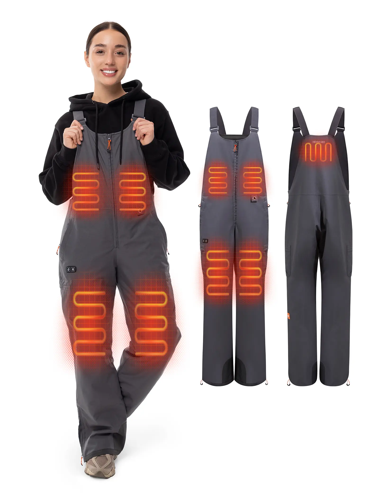 HENNCHEE Bib Overalls for Women, Heated Windproof Thermal Bibs with Elastic Sides, 5-Zone Core & Leg Heating, Includes 16000mAh Battery
