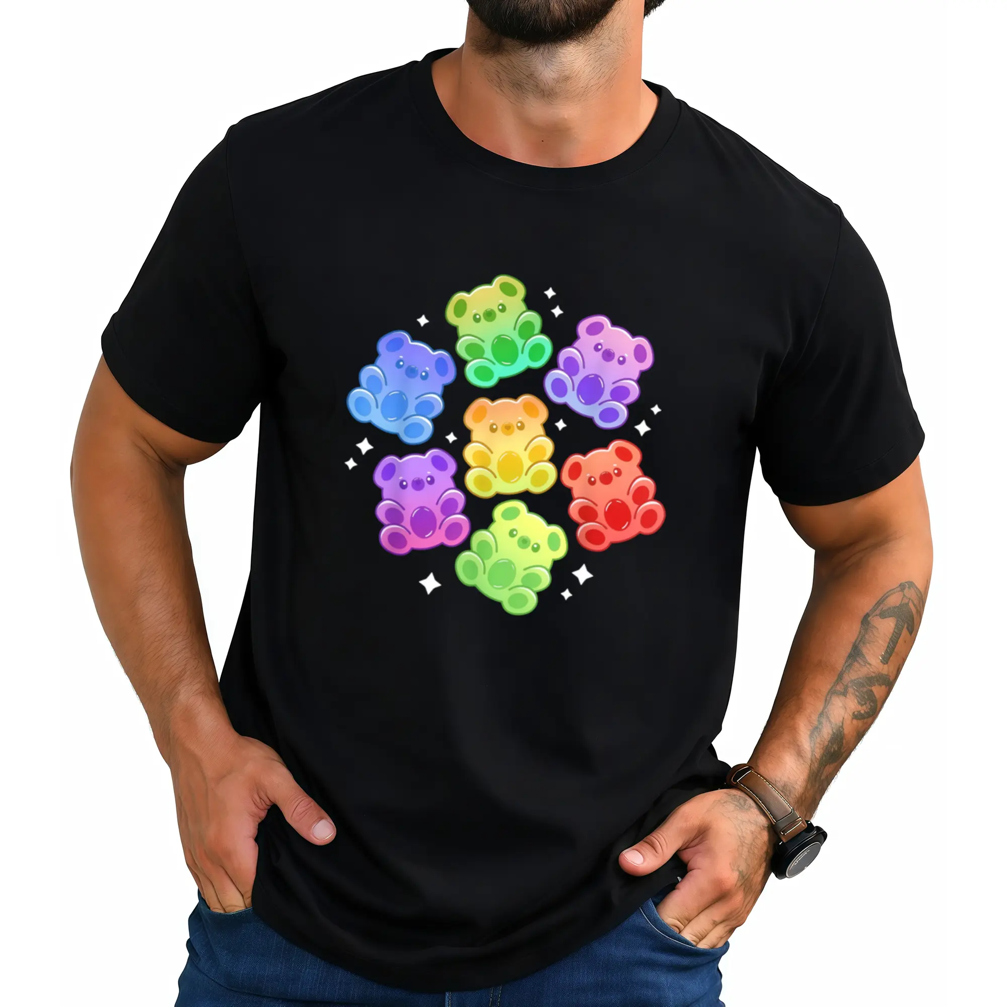 Kawaii Rainbow Gummy Bear T-Shirt for Men - Pure Cotton Cute Retro Graphic Tee with Gummy Bear Print, Unisex Casual Summer T-Shirt Menswear Top