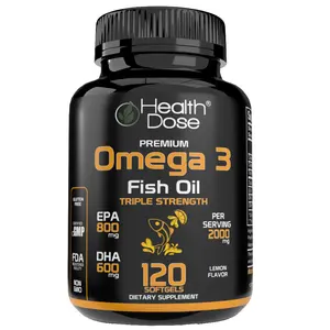 HealthDose Premium Omega 3 Fish Oil. Triple Strength Supplement Lemon Flavor. 120 Softgel Fitness Edible