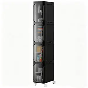 4-Tier White/Black Slim Narrow Rolling Organizer, Tall Storage Cabinet with Adjustable Shelves for Small Spaces