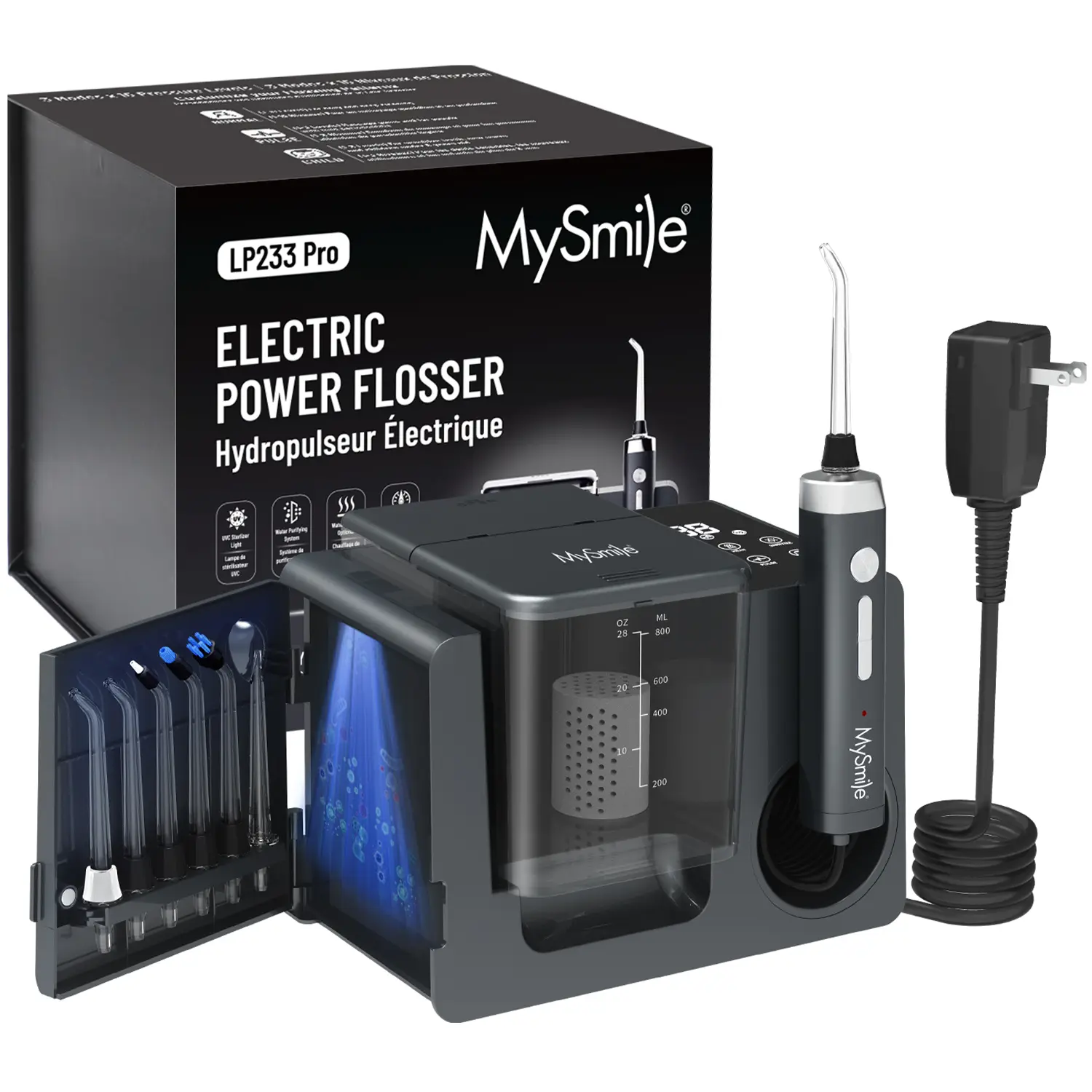 MySmile LP233 Pro Countertop Oral Irrigator, New Plaque Remover for Mouth Cleansing with UVC Sterilization, 800ML Tank, Digital Display, 3 Modes, 6 Jet Tips