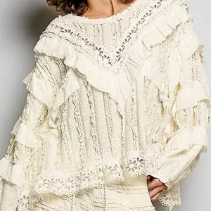 Sunset Romance Lace With Eyelet Ruffle Top Cream