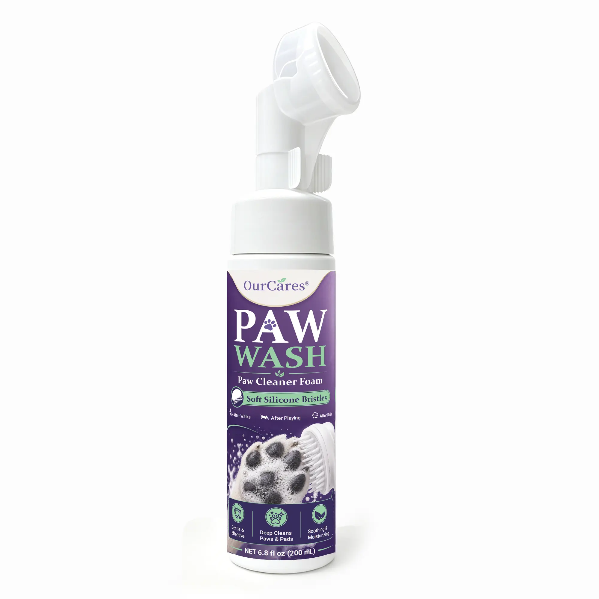 OURCARES Pet Paw Cleaner Foam for Dogs & Cats - 6.8 fl oz (200mL) No-Rinse Paw Wash with Soft Silicone Brush, Deep Cleansing, Moisturizing Paw Pads, Gentle Paw Cleanser for Sensitive Skin