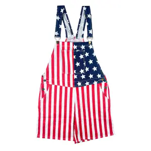 Unisex Denim American Flag Short Overalls Adult Fit, Soft Stretch Bib Shorts, Festival Outfit