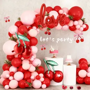 108 Red Valentine's Day Balloon Arch Set Heart Shaped Balloons - -40 inch Red Love Cherry Pattern Aluminum Foil Balloon, Suitable for Valentine's Day, Wedding, Engagement, Birthday, Anniversary, Couple Date Background Decoration