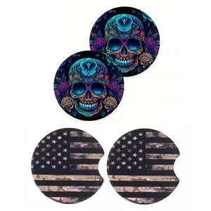Skull & American Flag Pattern Multipurpose Car Coasters, 4 Counts Car Cup Holder Coasters, Universal Car Interior Decoration Accessories for Men & Women