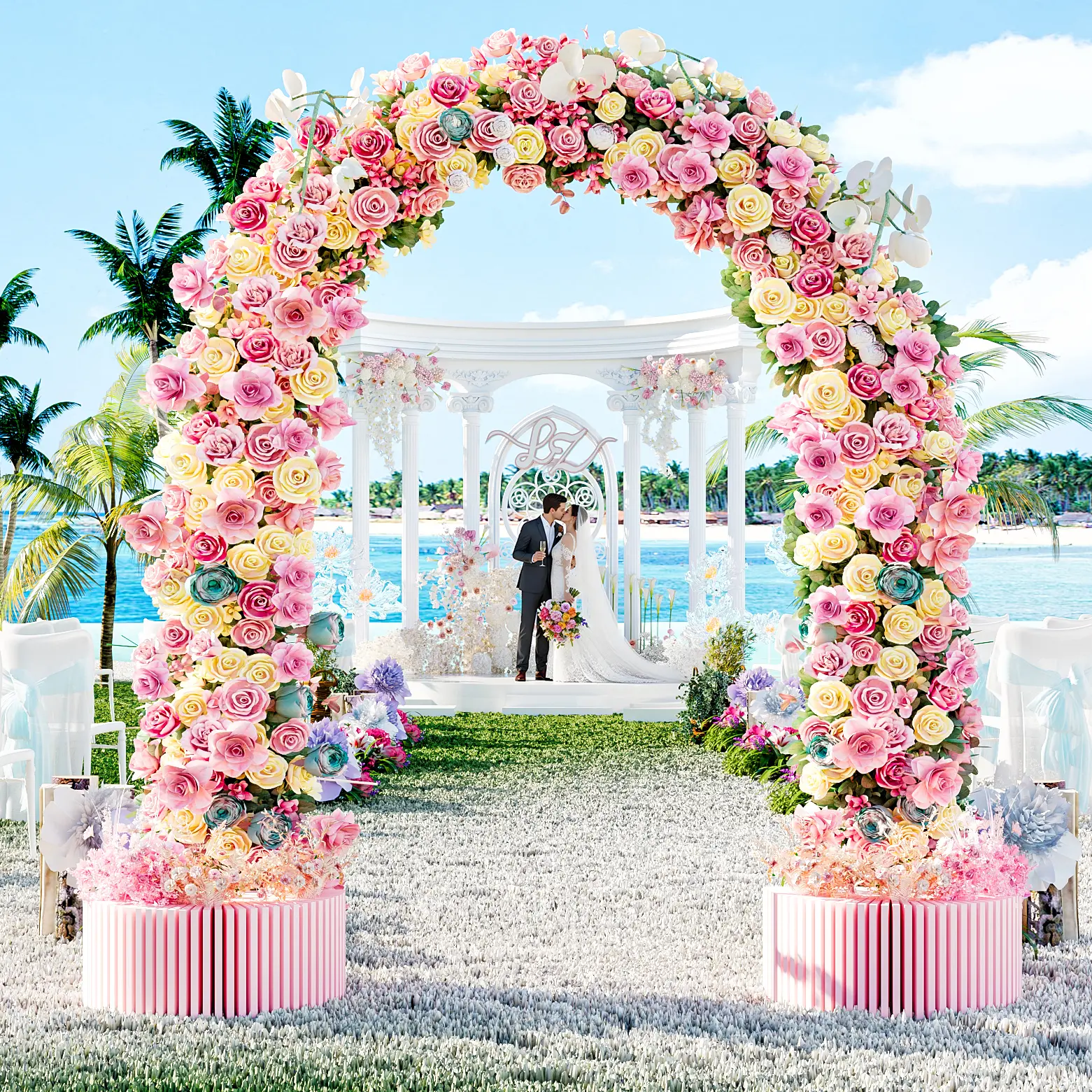 Decorative Metal Garden Arch - Sturdy Frame Freestanding Flower Stand, 2 Sizes for Climbing Plants, Roses, Vines, Wedding-Ready Look, Fits Many Event Spaces