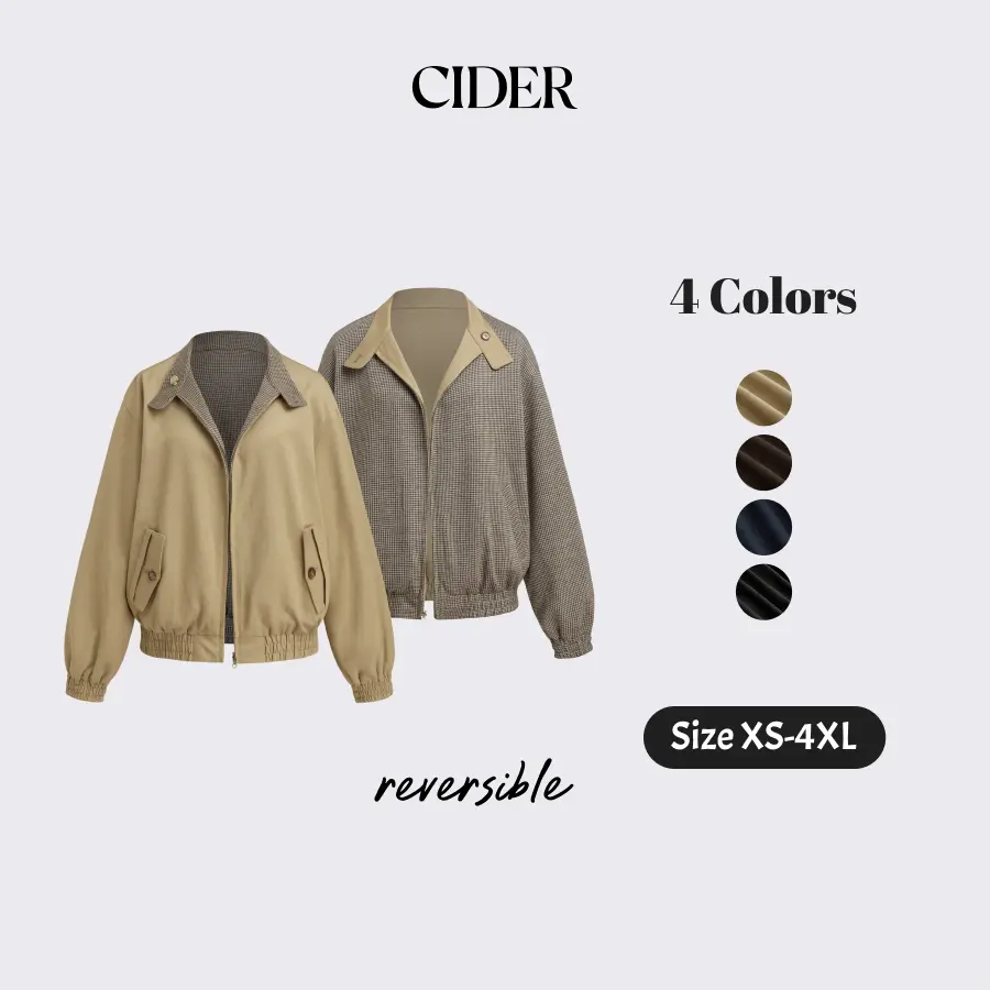 Cider Reversible Cotton-blend Stand Collar Houndstooth Oversized Bomber Jacket SummerFinds